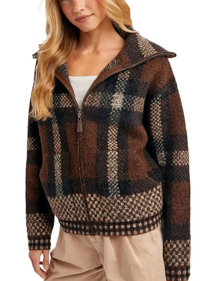 Plaid Wide Collar Fuzzy Knit Sweater Jacket