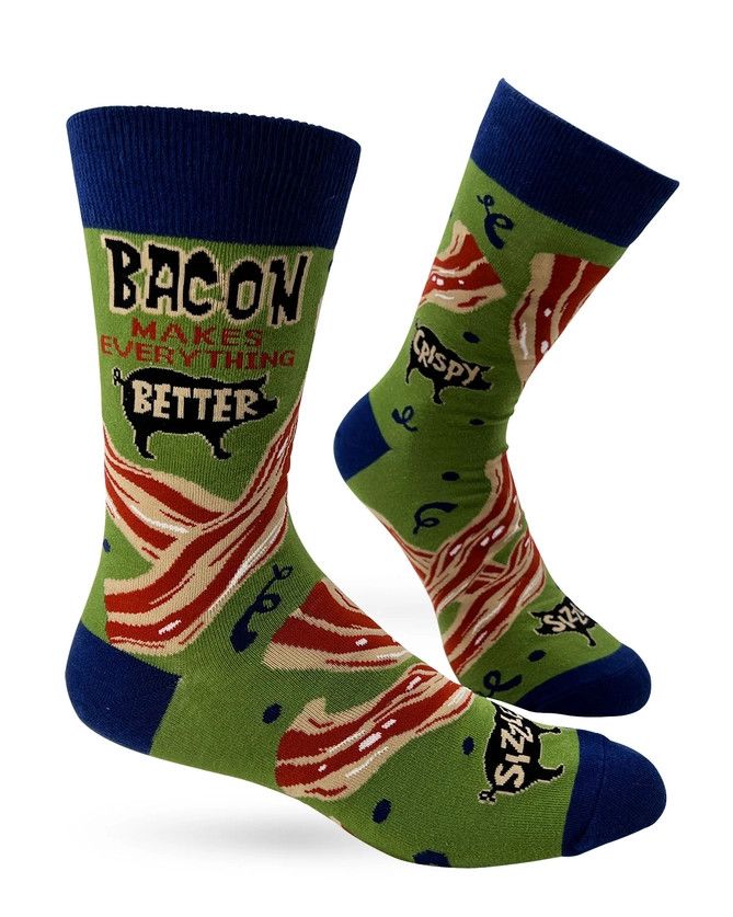 Men's Novelty Crew Socks, Color: Bacon Makes Everything Better