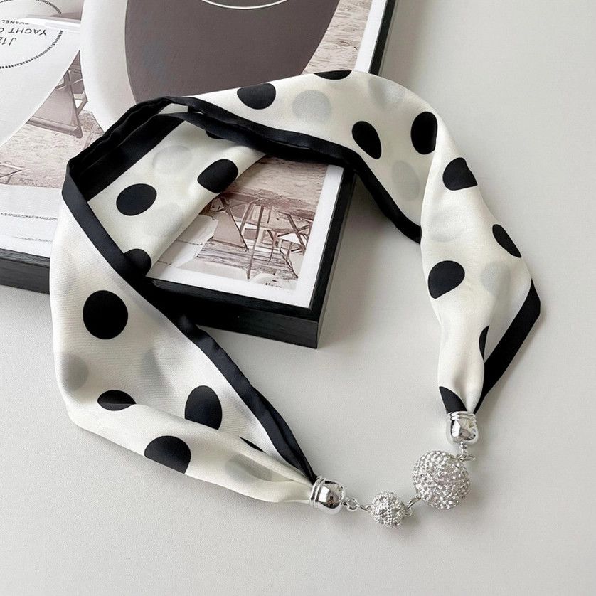 Magnetic Silk Scarf Necklace, Color: White Dot