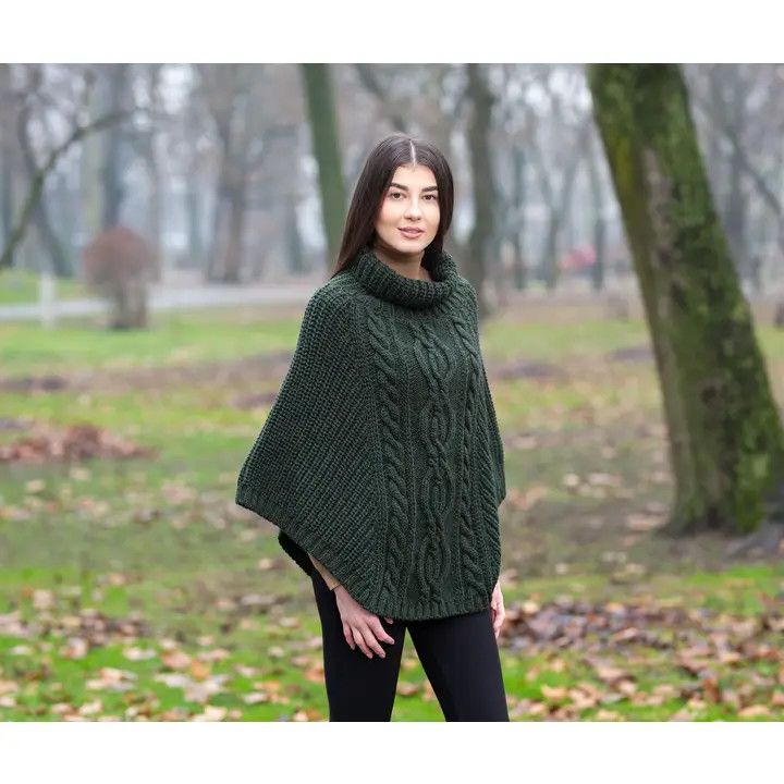 Cable Stitch Poncho-Multiple Colors, Color: Army Green