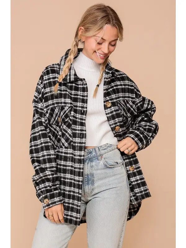 Plaid Print Shacket, Color: Black, Size: S