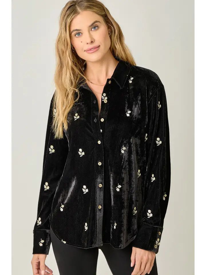 Embroidery Velvet Collared Shirt