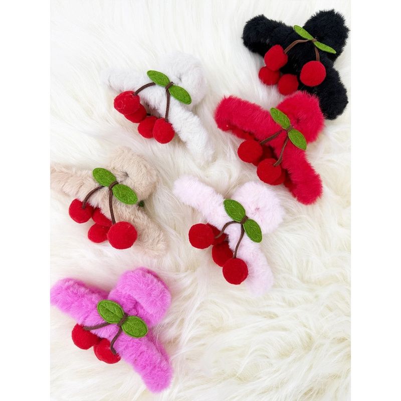 Cherry Detail Faux Fur Plush Hair Claw Clip
