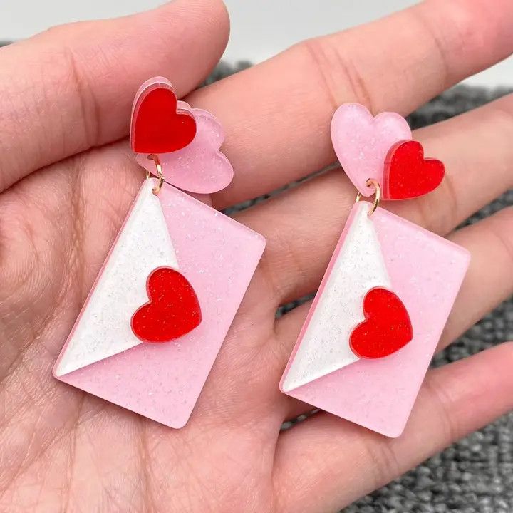 Acrylic Pink Heart Envelope Post Earrings
