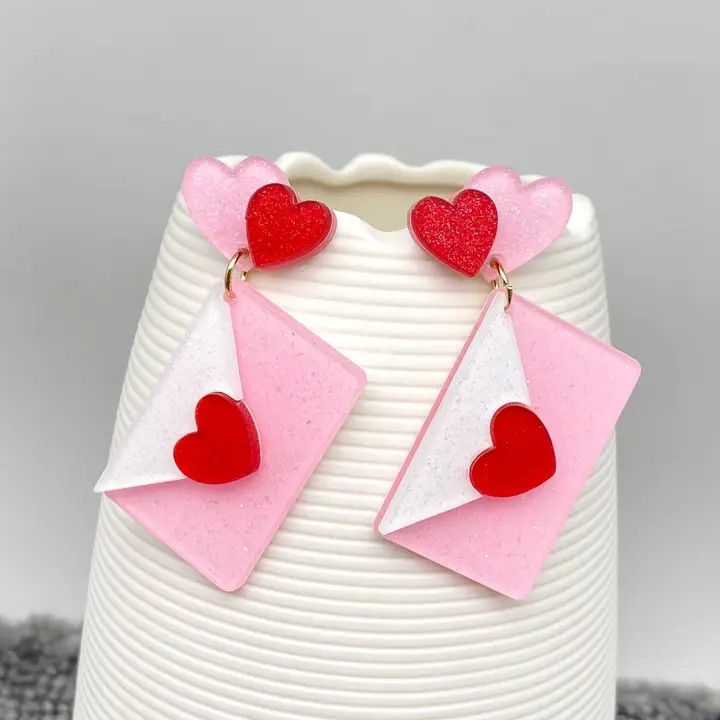 Acrylic Pink Heart Envelope Post Earrings