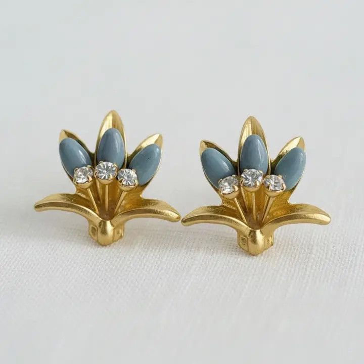 Vintage Floral Drop Earrings with Blue Accents