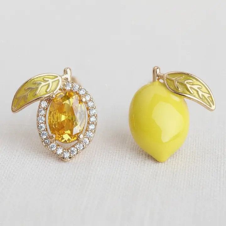 Zircon Lemon Enamel Drip Asymmetric Stud Earrings