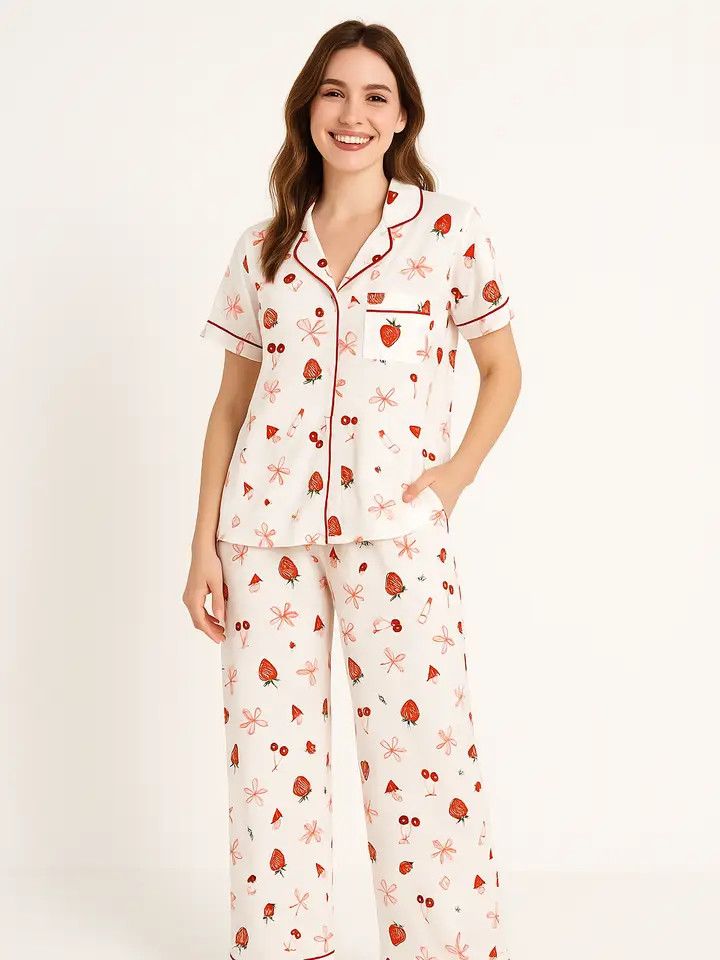 Yummy Jersey S/S Button Front Top + Pull On Pant Pj Set