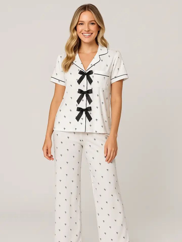 Bow Tie Front Yummy Jersey S/S Top + Pull On Pant Pj Set