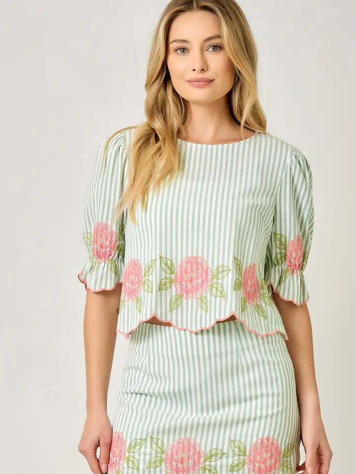 Pinstripe Embroidered Scallop Blouse