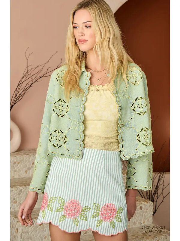 Pinstripe Embroidered Scallop Skirt