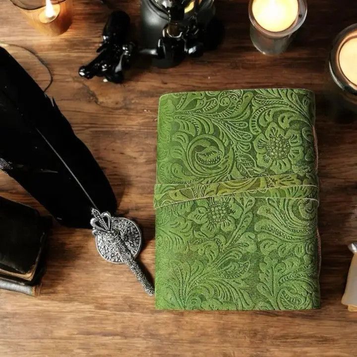 Green Floral Handmade Leather Bound Journal