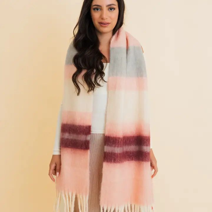 Contrast Color Stripes Chunky Pom Tassel Scarf