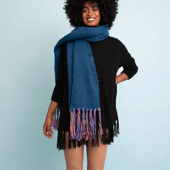 Vibrant Color Speckle Frayed Border Bohemian Scarf, Color: Cobalt