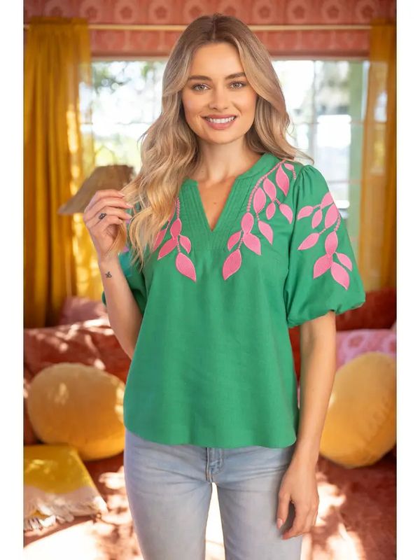 Floral Embroidered Bubble Sleeve V-Neck Top