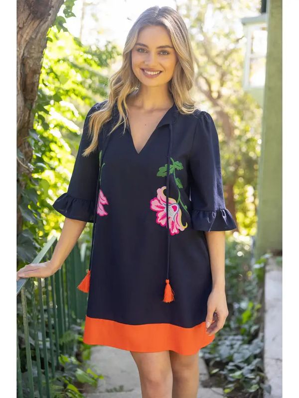 Tassle V-Neck Embroidery Detailed Shift Dress