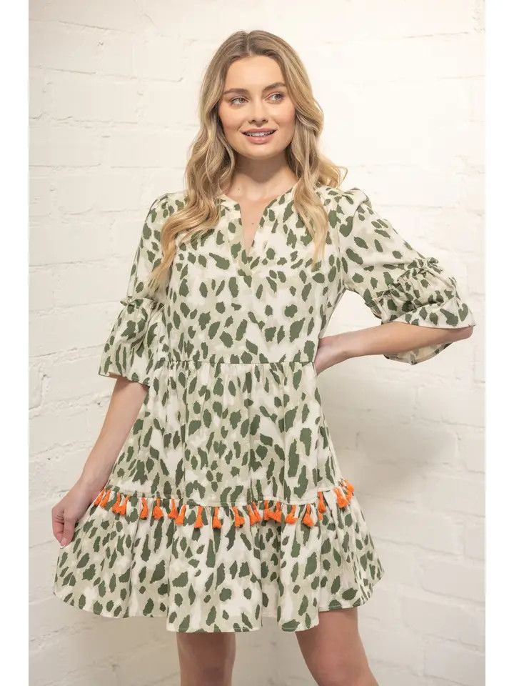 Tassle Trim Detailed Tiered Print Dress