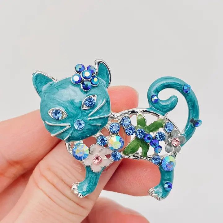 Enamel Kitten Rhinestone Brooch, Green
