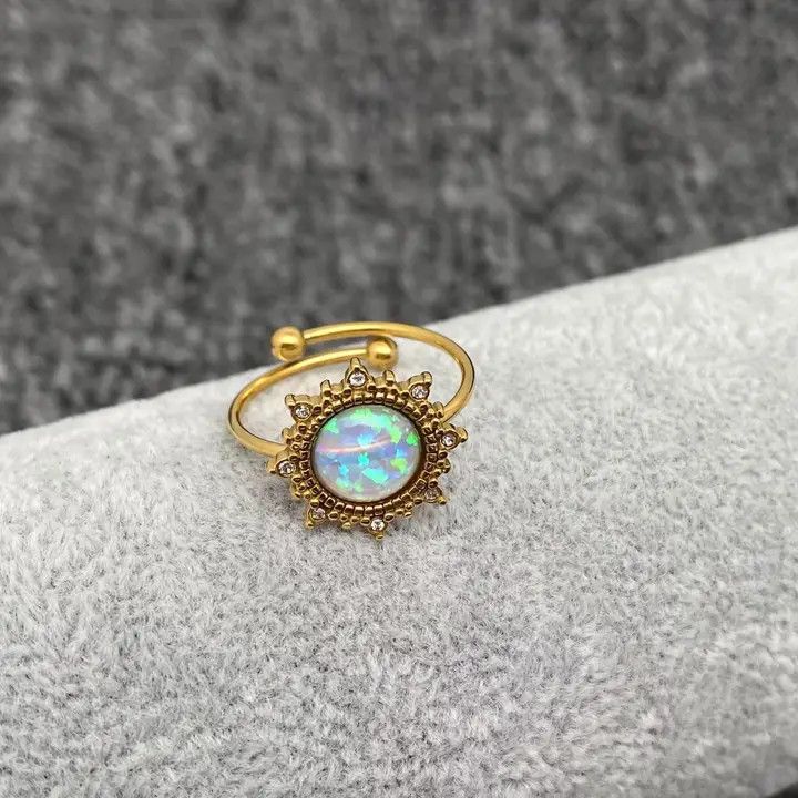 Lucky Opal 18K Gold Plated Ss Adjustable Ring, Color: Blue Round