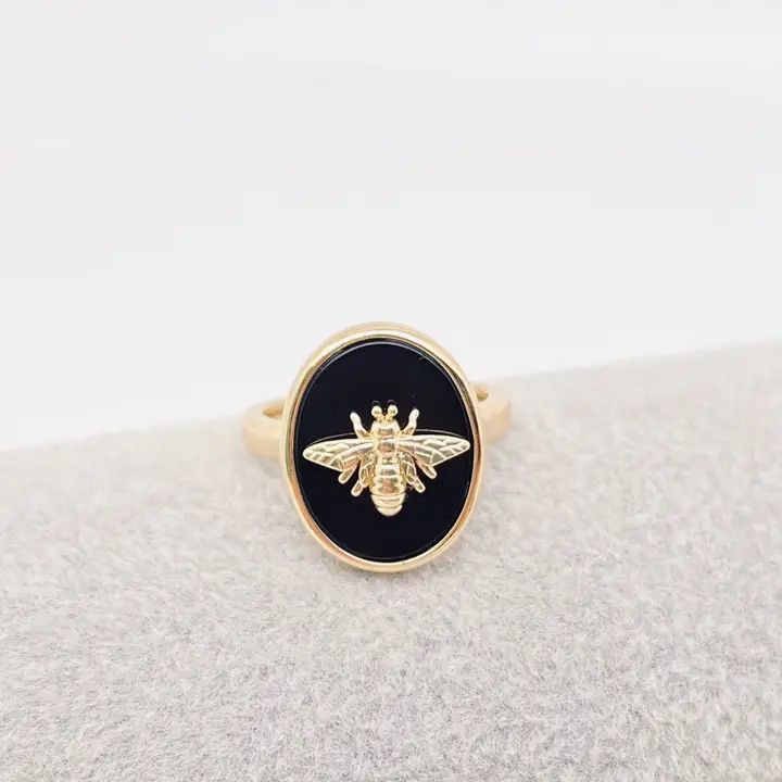 Natural Stone Golden Bee Opening Adjustable Ring, Color: Obsidian