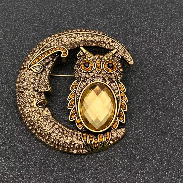 Sparkling Rhinestone Moon &amp; Glass Owl Brooch