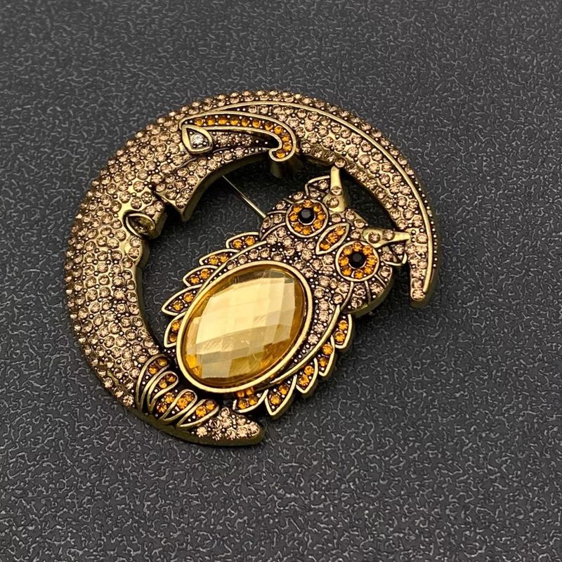 Sparkling Rhinestone Moon &amp; Glass Owl Brooch