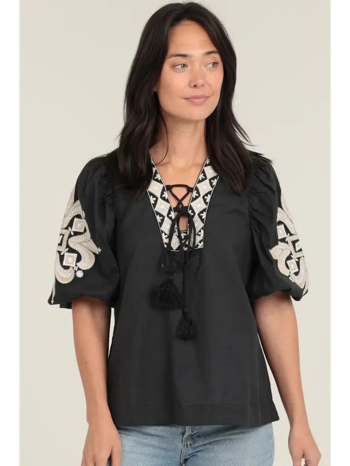 Bohemian Styled Embroidered Blouse, Color: Black, Size: S