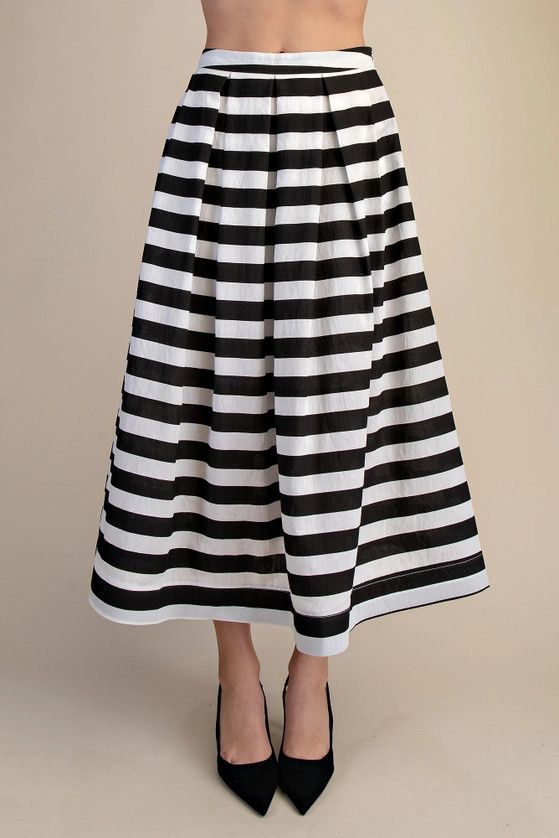 Full Stripe Pleated Midi Skirt