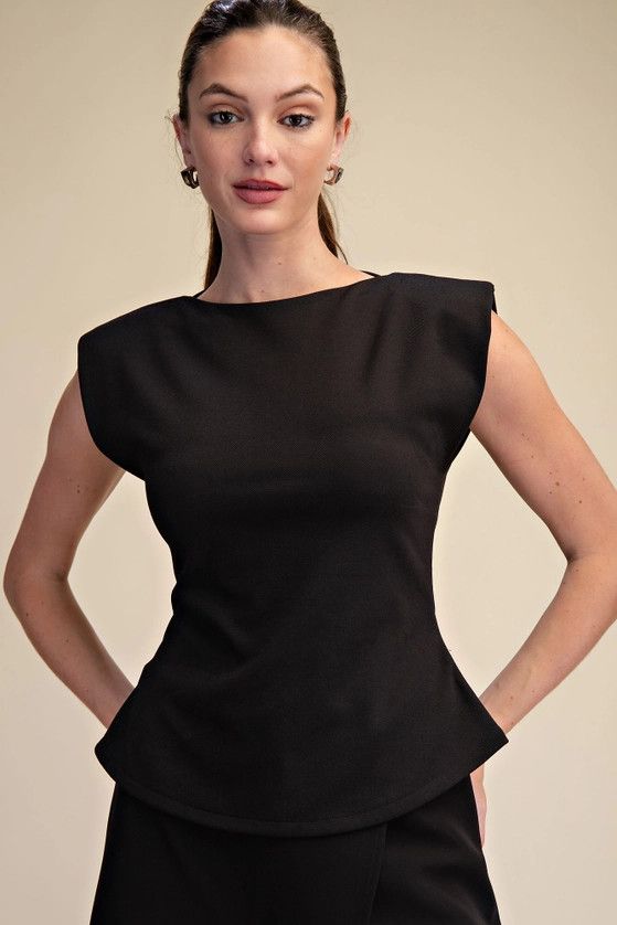 Sleeveless Peplum Shoulder Pad Basic Top, Color: Black, Size: S