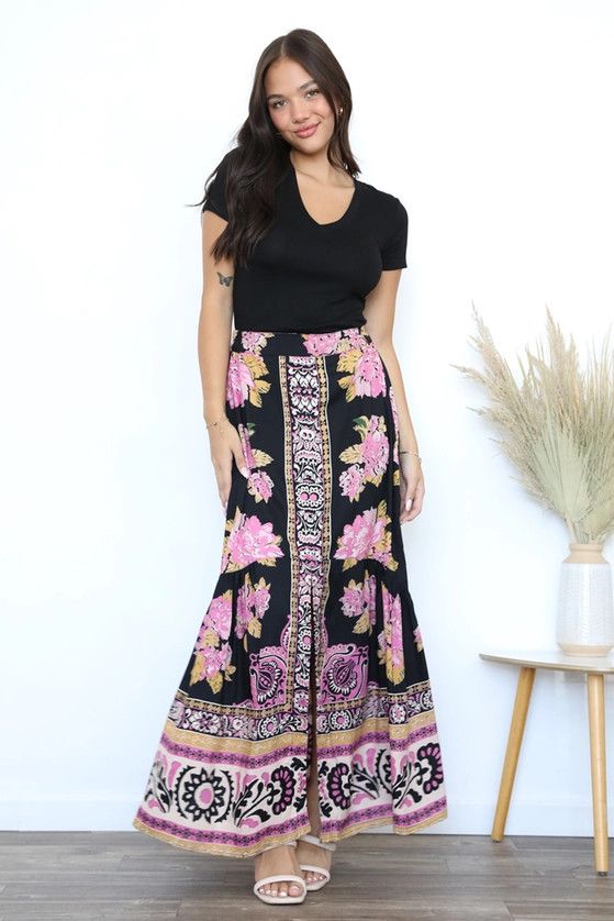 Printed Maxi Skirt with Center Slit