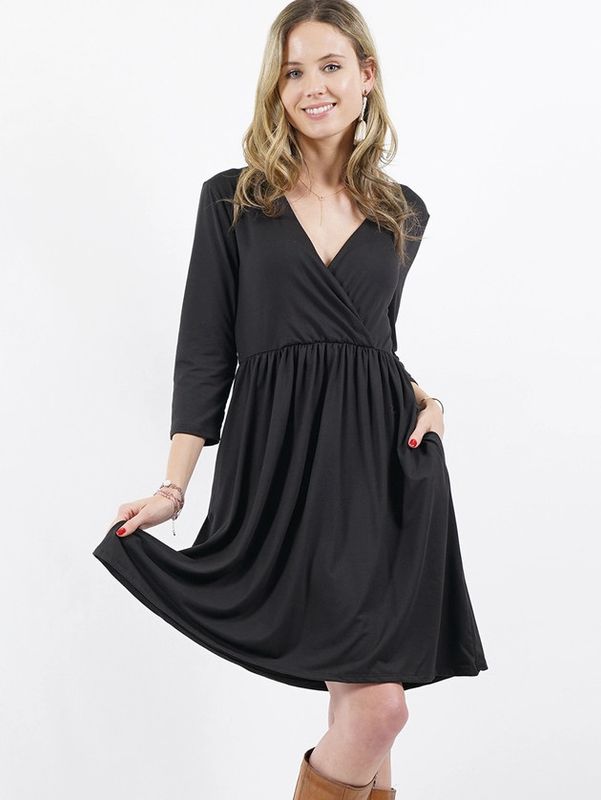 3/4 Sleeve Empire Surplice Two-Pocket Dress