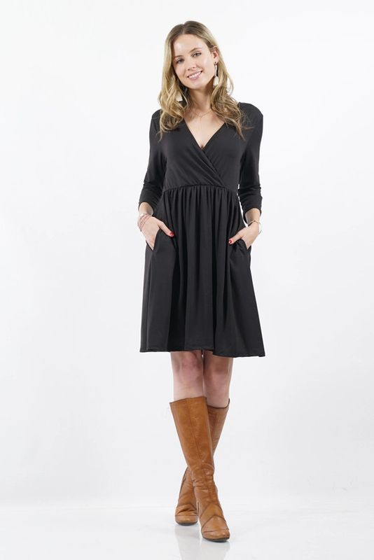 3/4 Sleeve Empire Surplice Two-Pocket Dress
