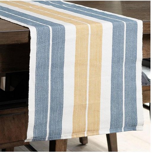 Blue &amp; Tan Stripe Woven Kitchen Table Runner