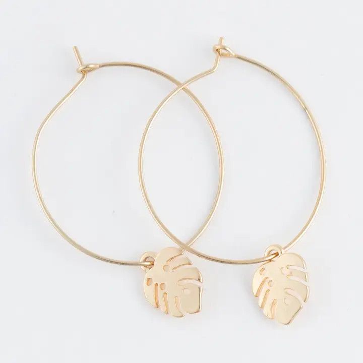 Dainty Monstera Leaf Charm Hoop Earrings
