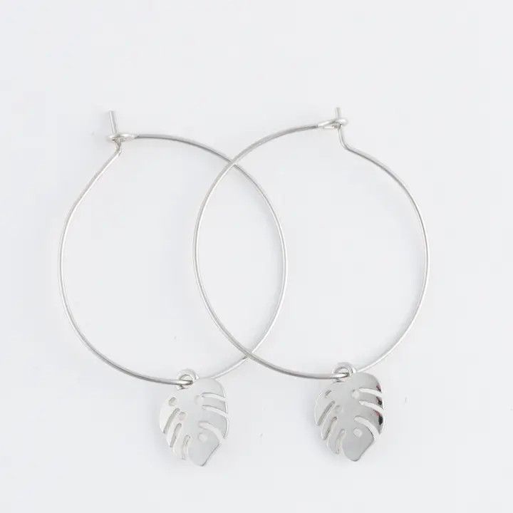 Dainty Monstera Leaf Charm Hoop Earrings, Color: Silver