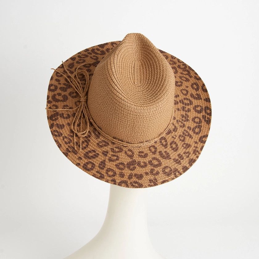 Michela Leopard Print Brim Panama Hat, Color: Camel