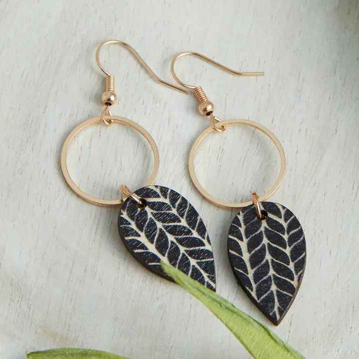 Jolie Wooden Leaf Gold Drop Earrings