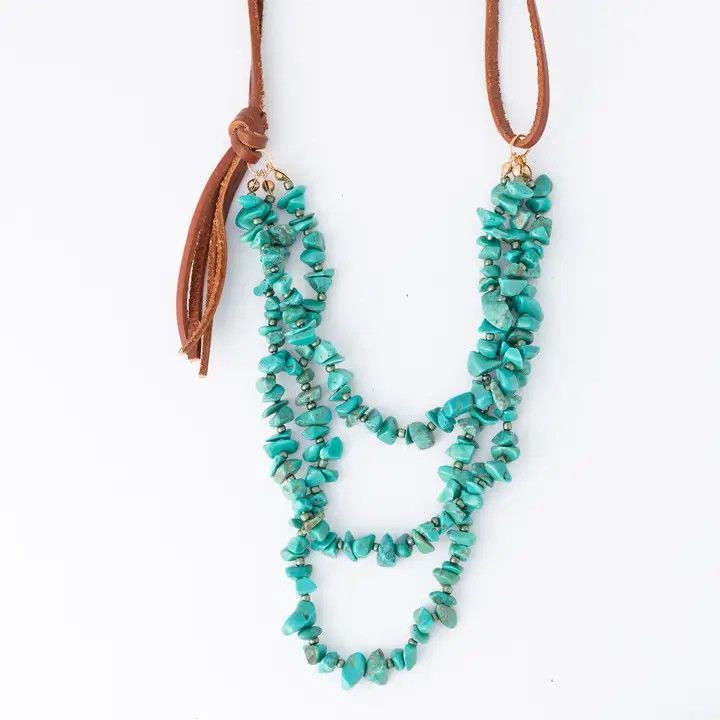 Leather Multi Row 24" Layered Necklace, Turquoise