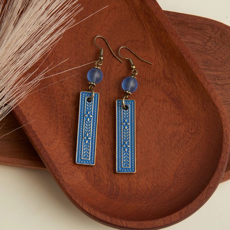 Western Textured Blue Bar Drop Earrings