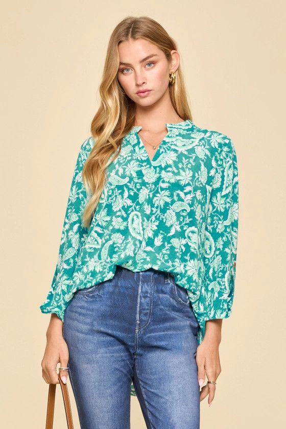 Paisley Print Mandarin Collar 3/4 Sleeve Blouse
