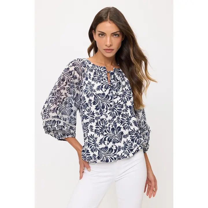 Floral Lattice Detail Bubble Hem Peasant Top