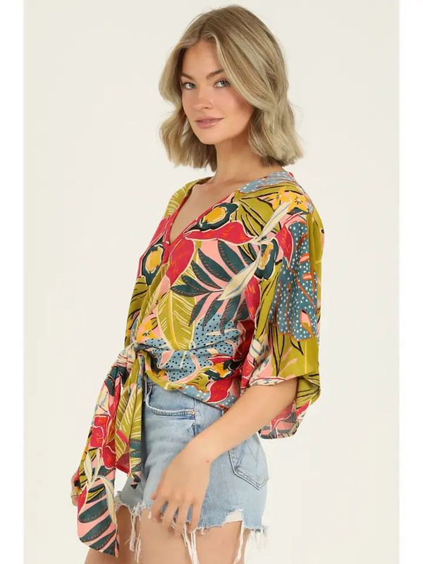 V Neck Kimono Sleeve Tie Waist Blouse