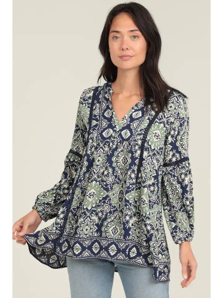 Printed Long Sleeve Lace Trim Tunic Top