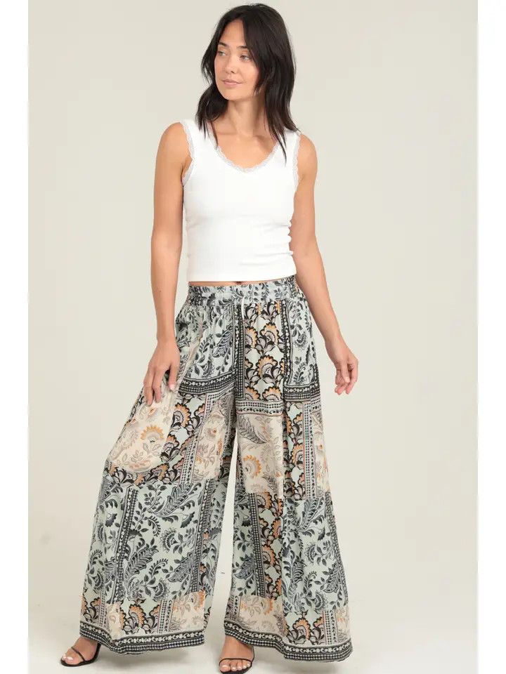 Patchwork Print Wide Leg Pants