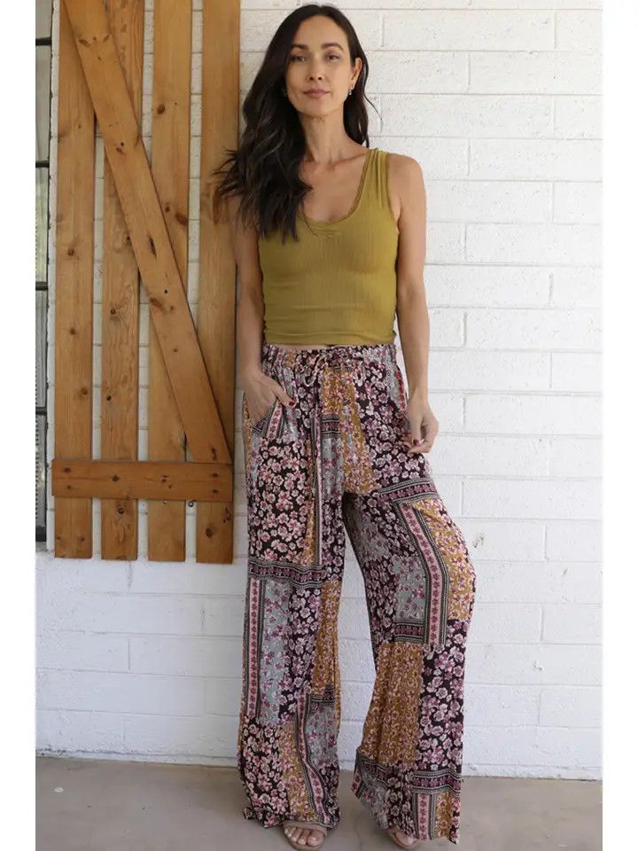 Printed Wide Leg Ankle Slit Pants