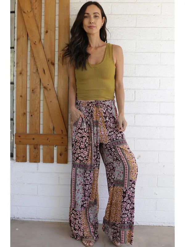 Printed Wide Leg Ankle Slit Pants