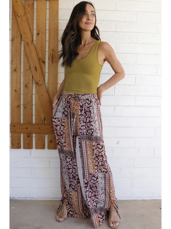 Printed Wide Leg Ankle Slit Pants