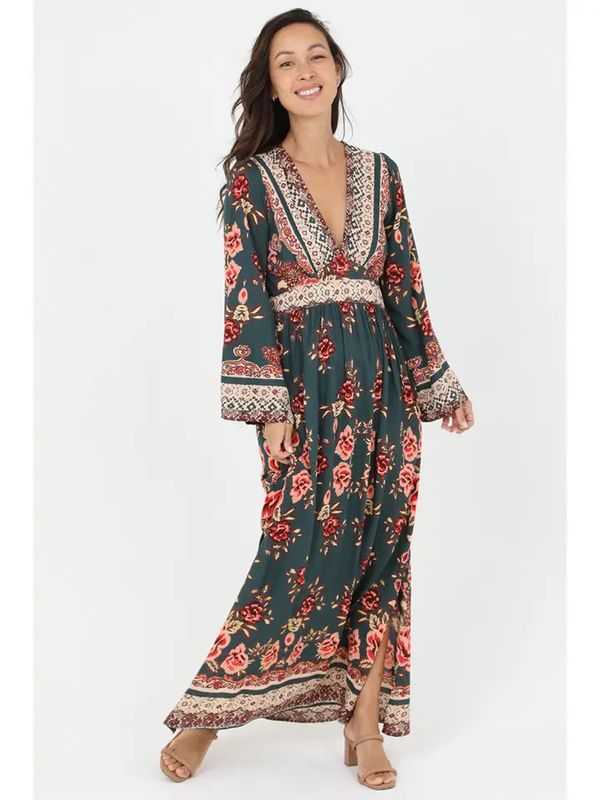 V Neck Wide Sleeves Printed Maxi Dress