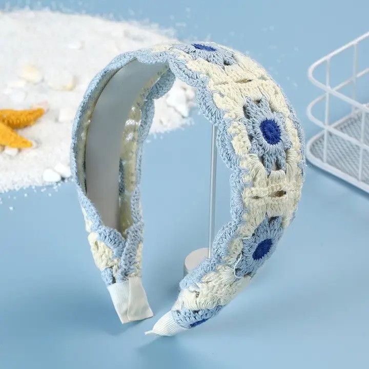 Floral Crochet Soft Woven Knit Headband, Color: Blue