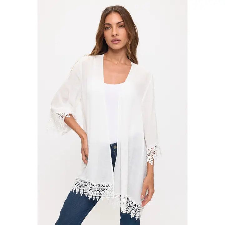 Crochet Lace Open Front Kimono, Color: White, Size: S